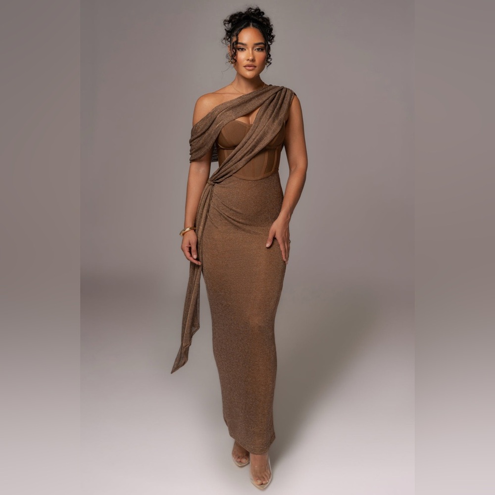 JLUXLABEL Bronze Metallic Celestina Draped Maxi Dress